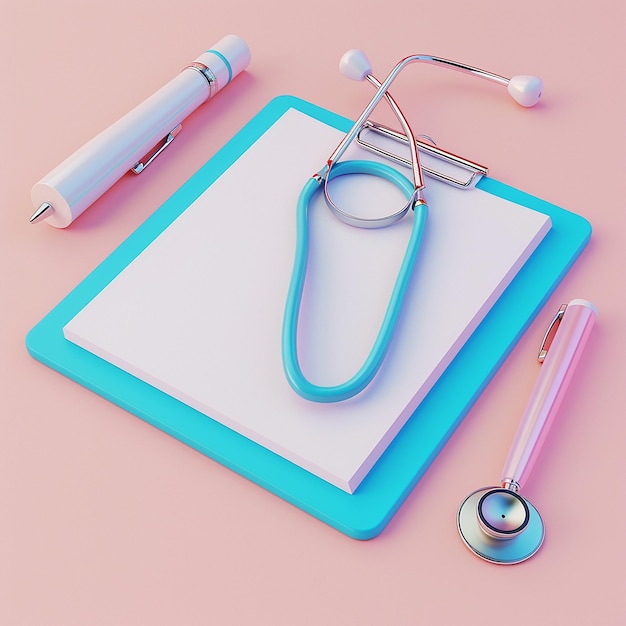 Photo 3d render pen and notepad with doctors stethoscope