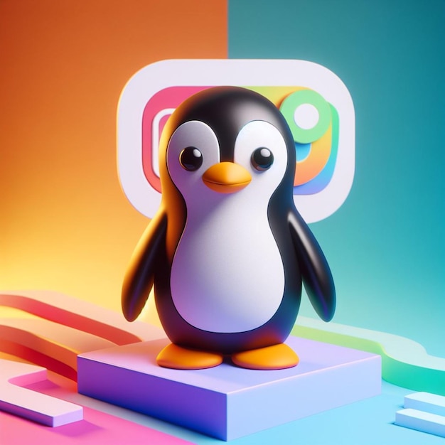 3D render of a penguin with colorful background