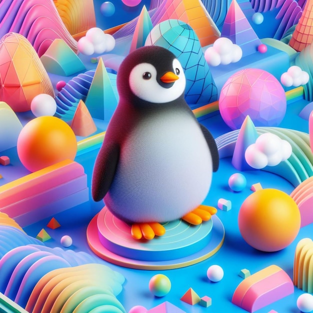 3D render of a penguin with colorful background