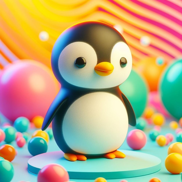 3D render of a penguin with colorful background