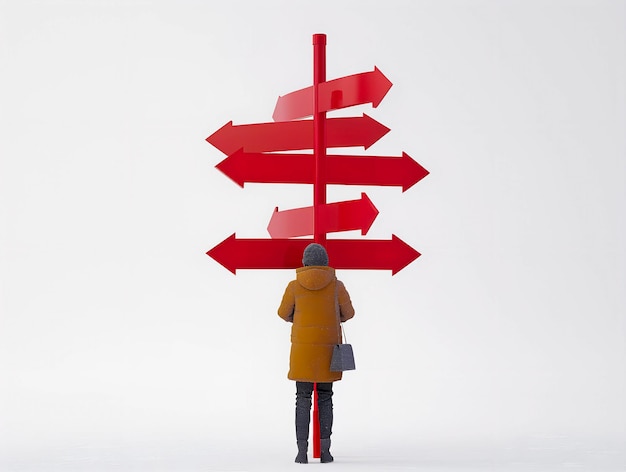 Photo 3d render of a person standing on a red arrow pointing in different directions