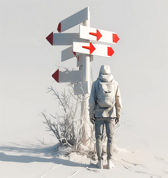 Photo 3d render of a person standing on a red arrow pointing in different directions