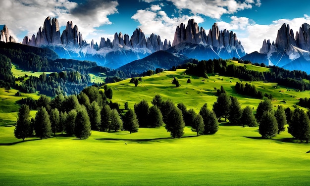 3d render photo beautiful shot of grassy hills covered in trees near mountains