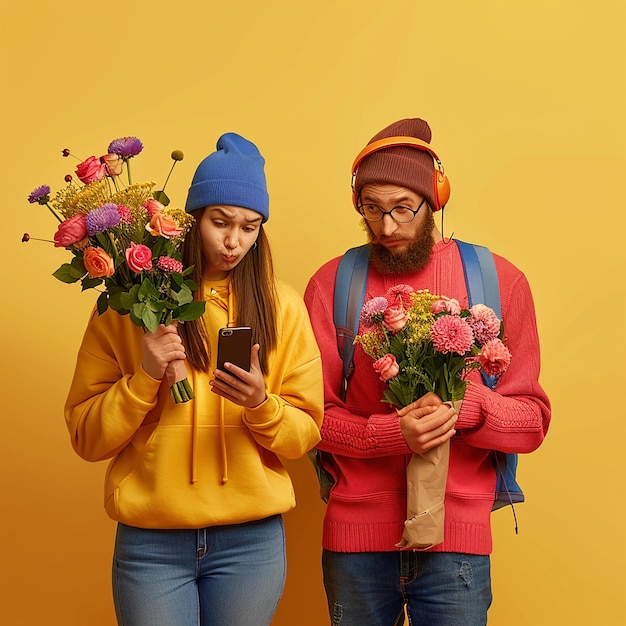 Photo 3d render photo of girl looking at smartphone boyfriend looks disappointed with a bouquet of flower