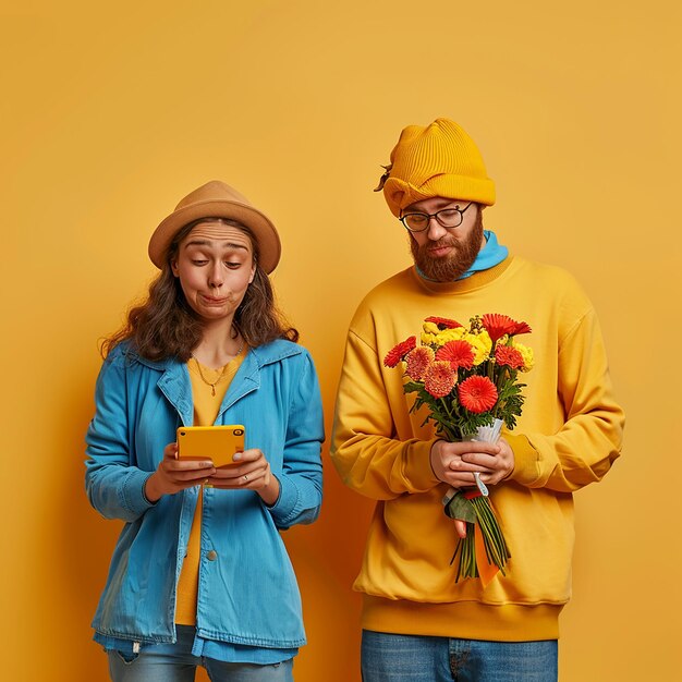 Photo 3d render photo of girl looking at smartphone boyfriend looks disappointed with a bouquet of flower