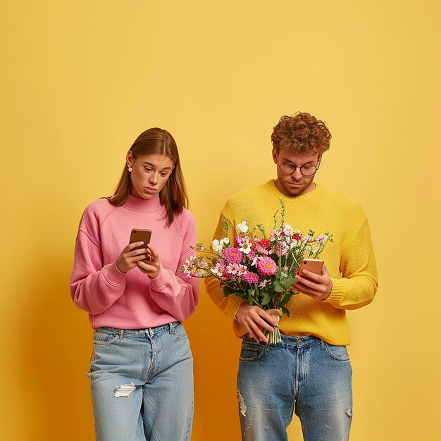 Photo 3d render photo of a woman at smartphone her boyfriend with a bouquet of flowers