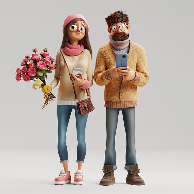 Photo 3d render photo of a woman at smartphone her boyfriend with a bouquet of flowers