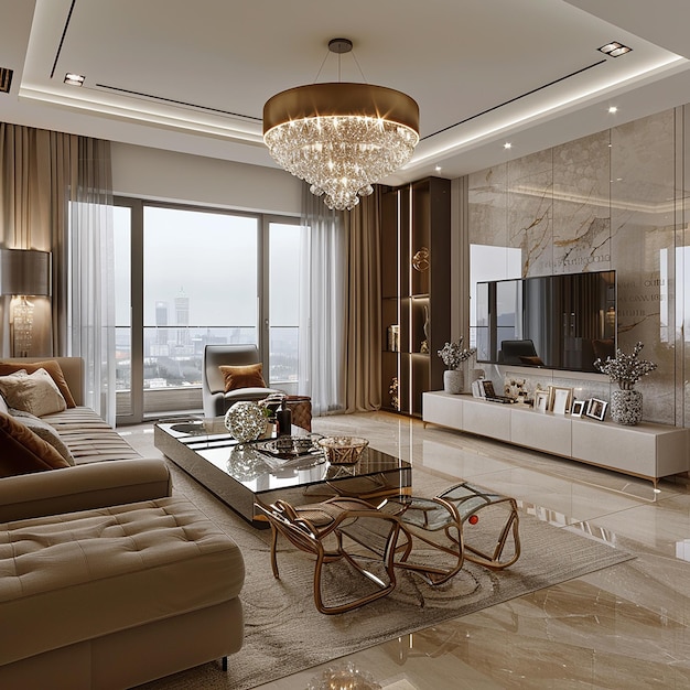 3d render photos of luxurious living room with an open kitchen and TV area with extra luxury space