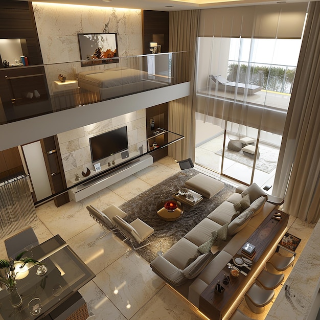 3d render photos of luxurious living room with an open kitchen and TV area with extra luxury space