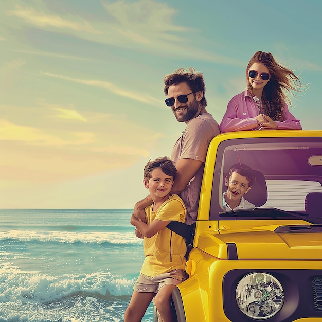 3d render photos of modern car rental for happy family trip of parents and two children to the beach