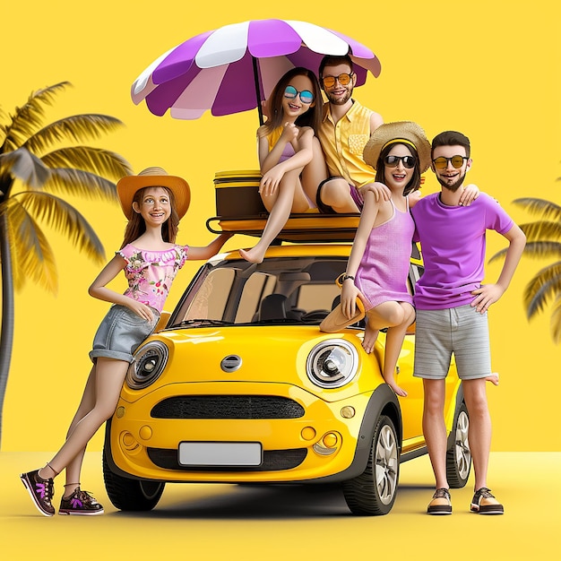 3d render photos of modern car rental for happy family trip of parents and two children to the beach