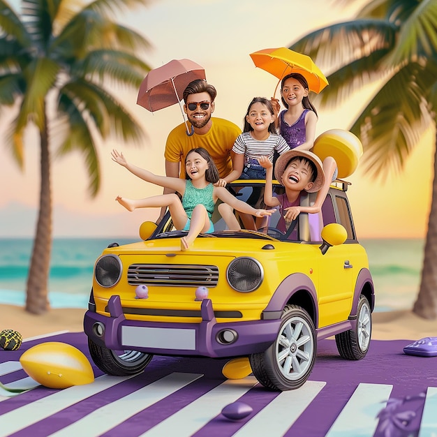 3d render photos of modern car rental for happy family trip of parents and two children to the beach