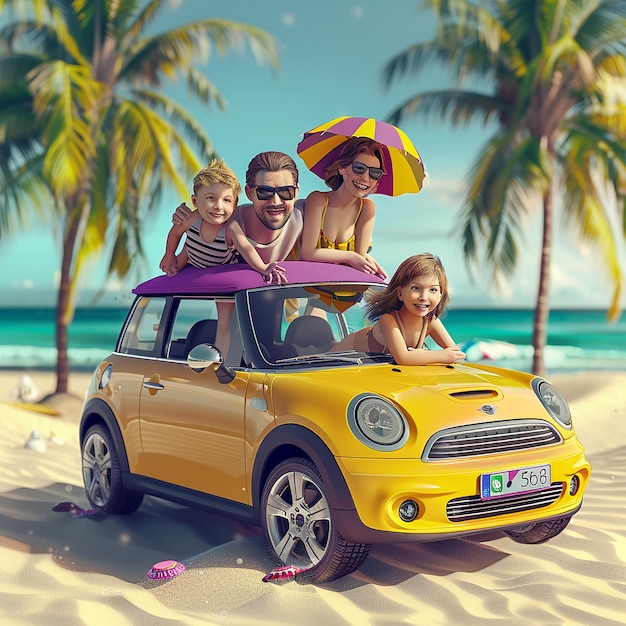 3d render photos of modern car rental for happy family trip of parents and two children to the beach