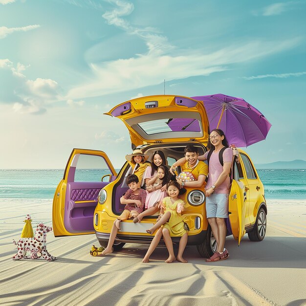 Photo 3d render photos of modern car rental for happy family trip of parents and two children to the beach