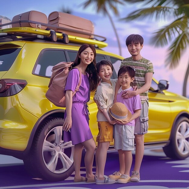 Photo 3d render photos of modern car rental for happy family trip of parents and two children to the beach