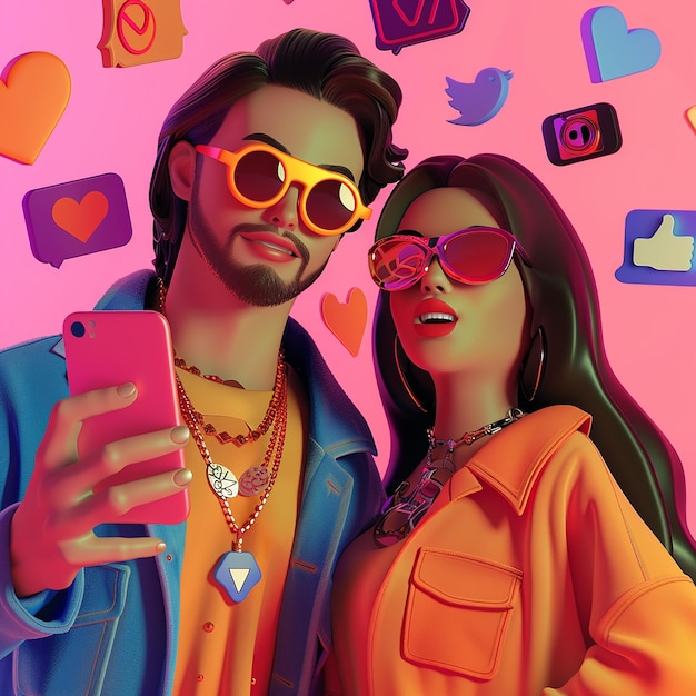 Photo 3d render photos of stylish influencers taking selfie surrounded by digital icons of likes comments