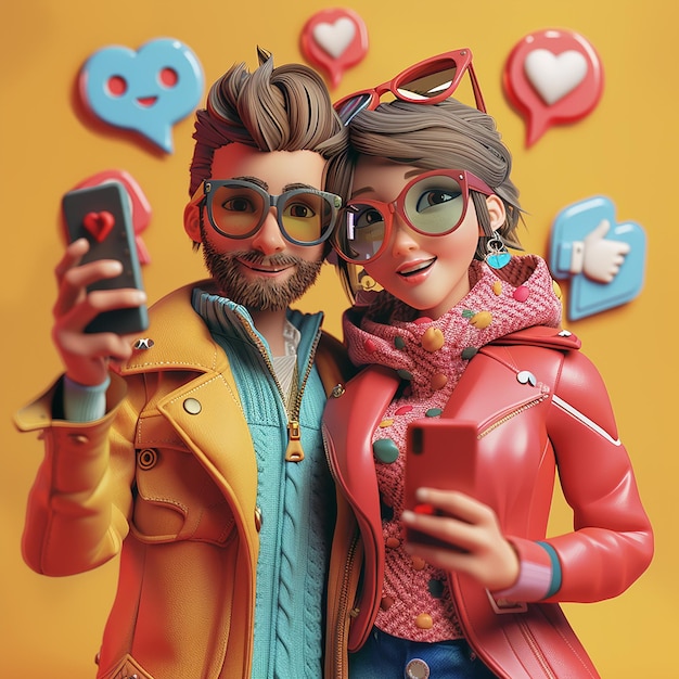 Photo 3d render photos of stylish influencers taking selfie surrounded by digital icons of likes comments