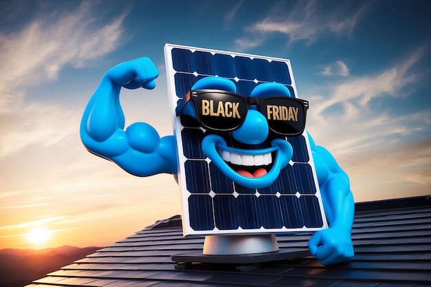 Photo 3d render photovoltaic black friday with muscular arms and black friday glasses isolated on background