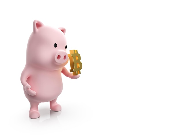 3d render of pig holding bitcoin symbol on white background