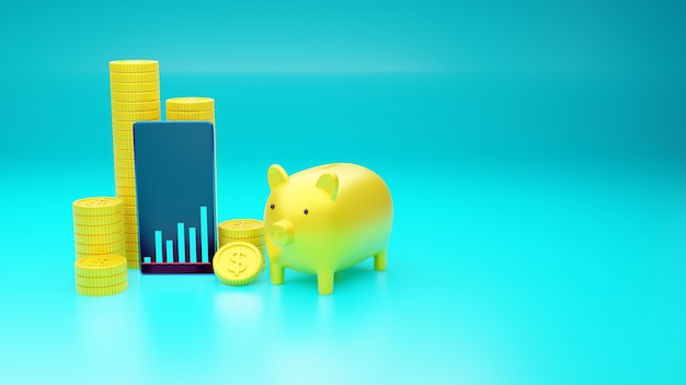 3d render pig piggy bank with the concept of saving money and money management for personal and business financial planning, On blue background