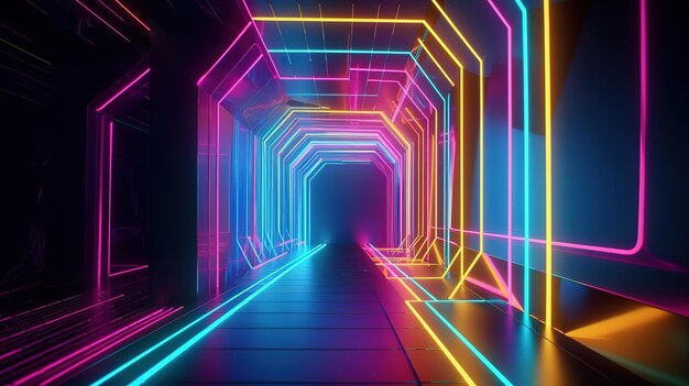 3d render pink blue yellow neon lights bright colorful tunnel Generative Ai