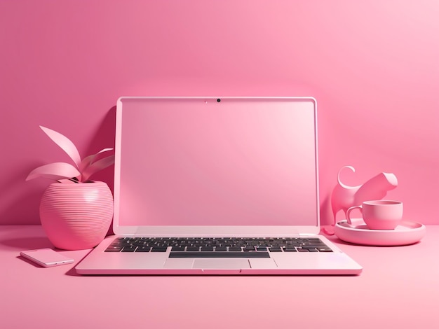 3D Render Pink Computer Notebook and Smartphone Stylish Tech Ensemble