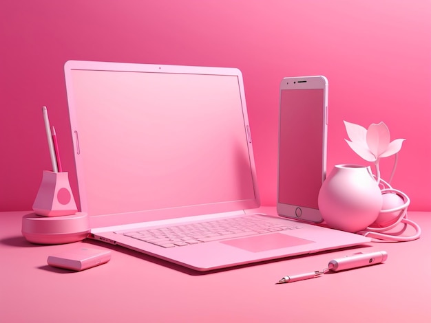 3D Render Pink Computer Notebook and Smartphone Stylish Tech Ensemble