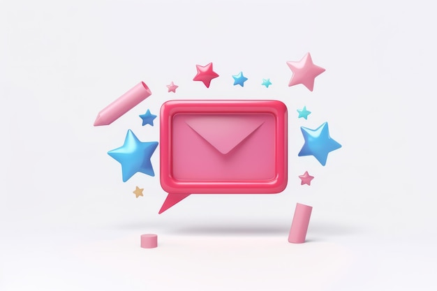 3D render of a pink envelope surrounded by stars and crayons