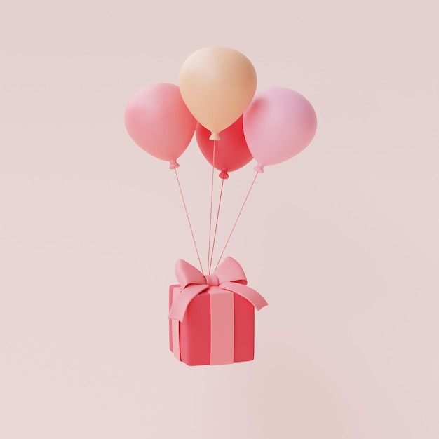 3d render of pink gift box with balloons float isolated on pastel background,valentine's day sale concept,minimal style.