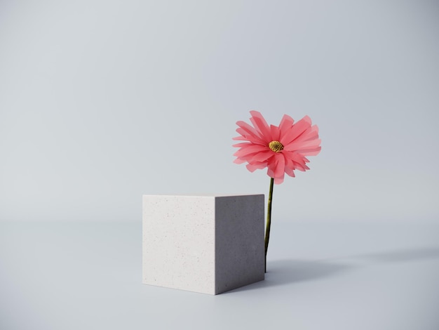 Photo 3d render of pink glass stand on light background with natural plant