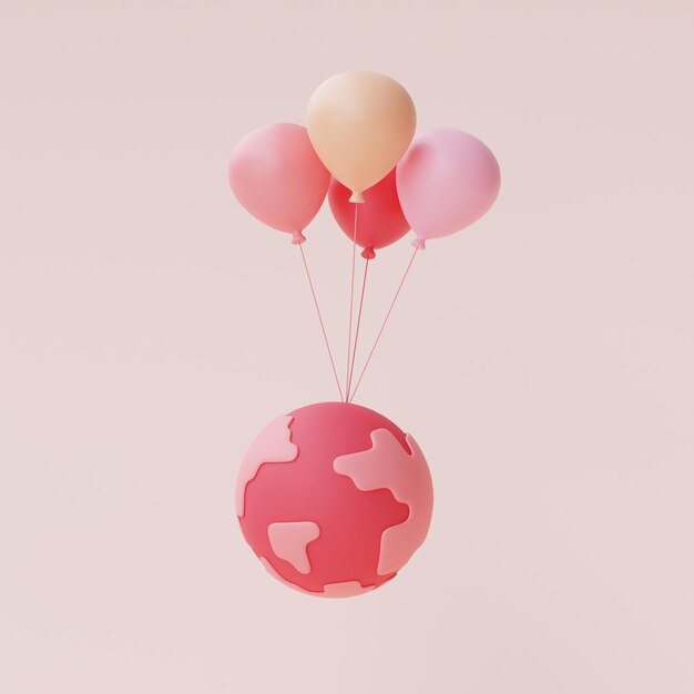 3d render of pink globe with balloons float isolated on pastel background,valentine's day sale concept,minimal style.