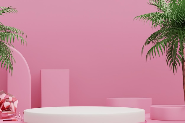 3D render of pink podium for product display with palm tree and flower