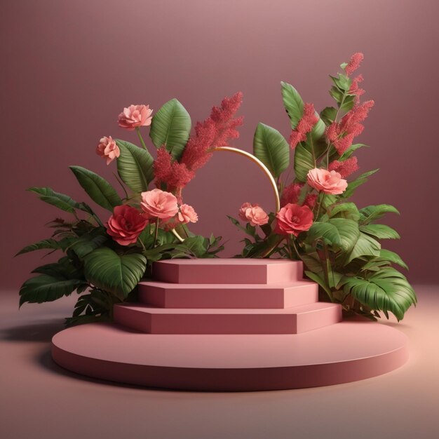 Photo 3d render of pink podium with red flower and green leaves on pink background