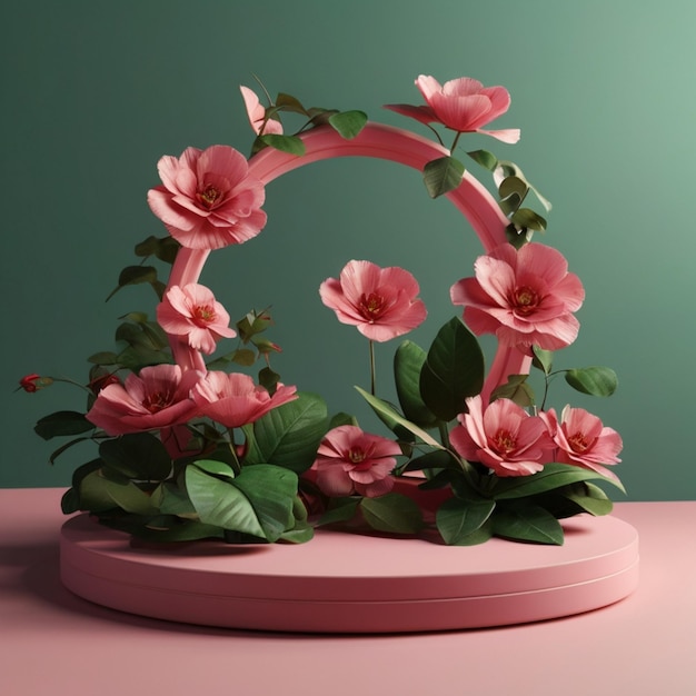 Photo 3d render of pink podium with red flower and green leaves on pink background