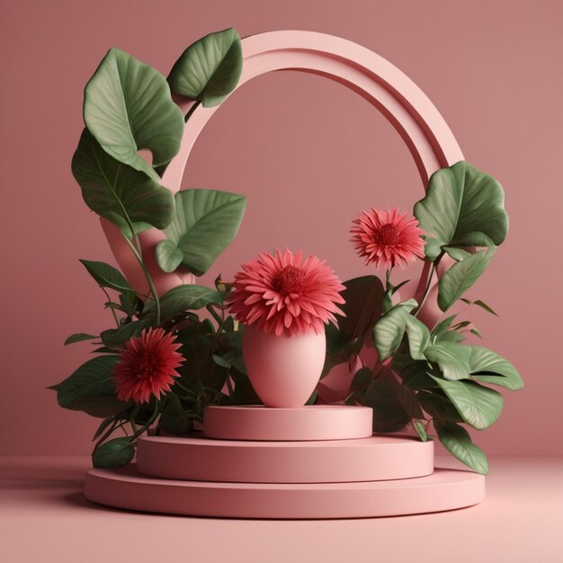 Photo 3d render of pink podium with red flower and green leaves on pink background