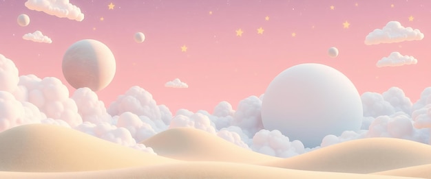 3D render of a pink sky with clouds and stars above a sand dune