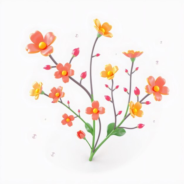 3D render of a pink and yellow flower branch with white background