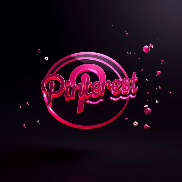 Photo 3d render pinterest logo designed in translucent rose glass floating at a tilted angle neon pink a