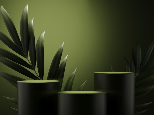 3D render podium on dark green background with tropical palm leaves