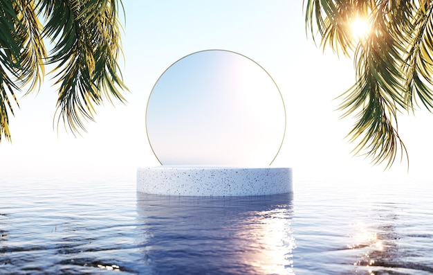 3d render Podium scene on Palm beach Ceramic background cylinder forms with glass wall on water