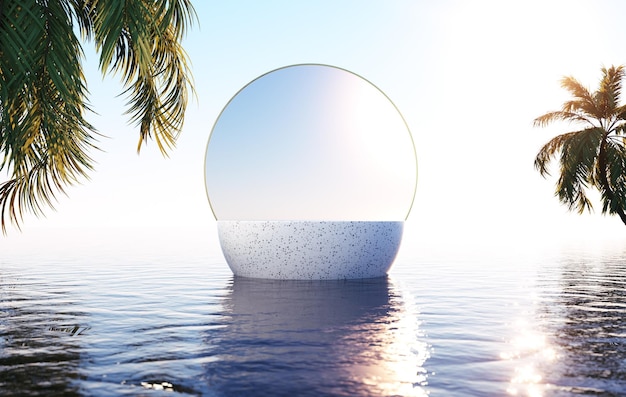 3d render Podium scene on Palm beach Ceramic sphere background circle forms with glass wall on water