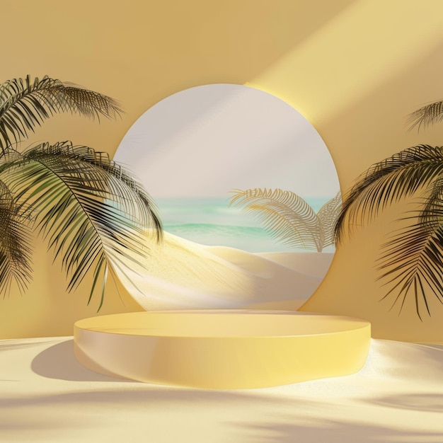 3D render podium scene with a yellow background and palm leaves beach sand in the style of a mockup