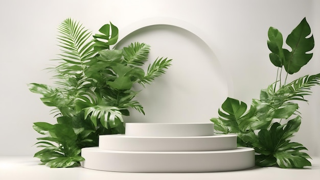 3D render podium showcase on light white background with shadows in green tropical leaves of plants