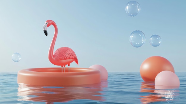 A 3D render of a podium on a summer sea ocean with pink flamingos beach balls and bubbles on a blue sky background