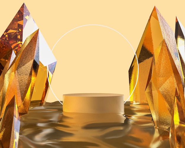 3D render podium on water and gold crystal background Empty pedestal for the presentation mockup