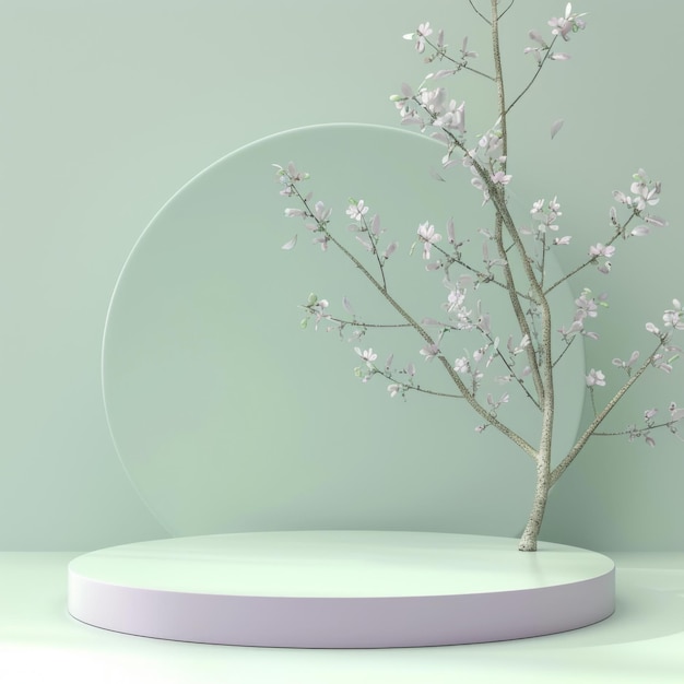 3D render podium with blooming tree light green background minimalistic scene in soft pastel color