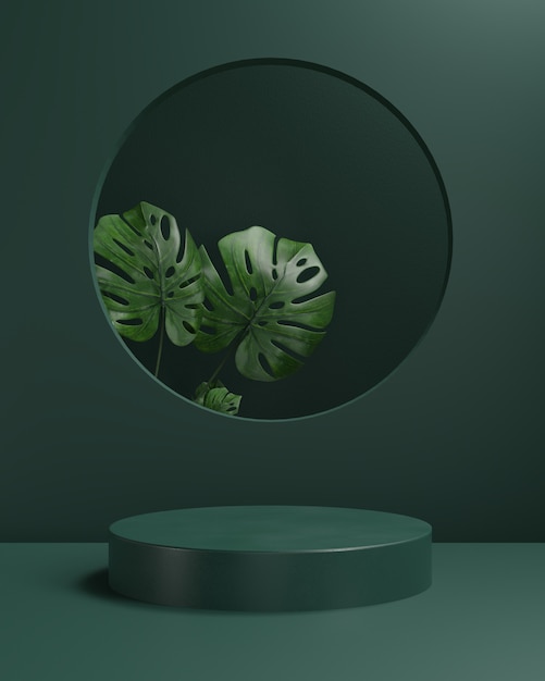 3d render podium with leaf monstera and green background, Abstract background, for show cosmetic, display or showcase.