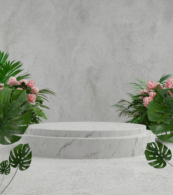 3d render podium with monstera , Abstract background, for cosmetic, display or showcase.