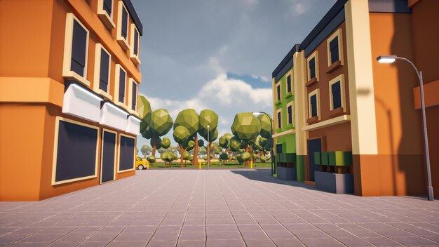 3D Render Polygon street in the old town and sustainable development environmental conceptxA