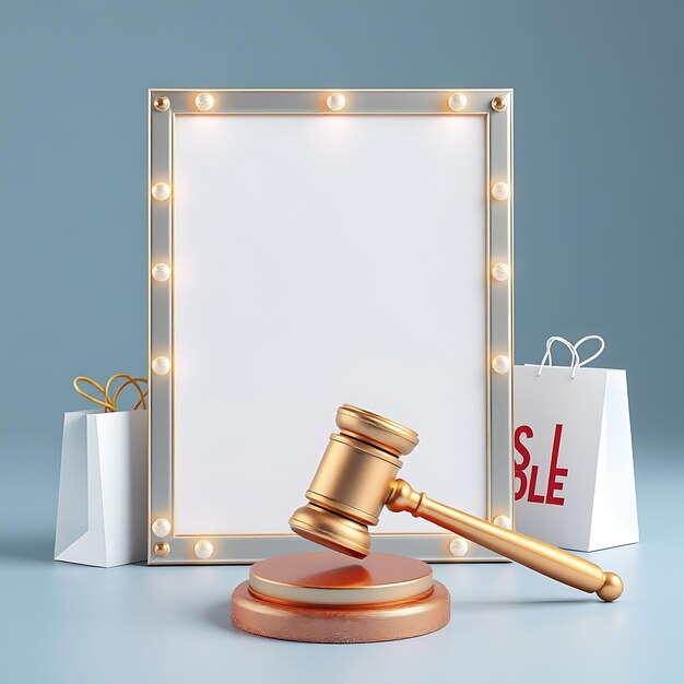 Photo 3d render of poster board blank sign board gavel sale signs shopping bags glitter with gavel as mai